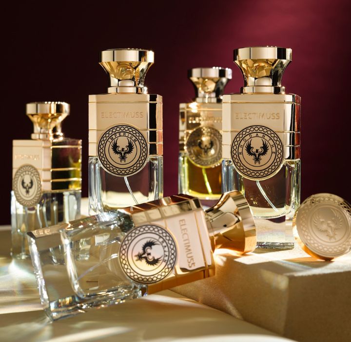 L'image présente une collection de flacons de parfum de la marque ELECTIMUSS, disposés de manière élégante sur une surface douce. Les flacons sont en verre transparent avec des bouchons dorés, reflétant la lumière d'une manière qui met en valeur leur luxe. Chaque flacon est orné d'une étiquette avec un design distinctif, incluant un logo circulaire. L'arrière-plan est riche en couleurs, avec des teintes de bordeaux qui ajoutent une atmosphère chaleureuse et sophistiquée. Certains flacons sont debout, tandis qu'un flacon est légèrement incliné, dans une composition dynamique. L'éclairage met en avant les reflets et les textures, créant un effet visuel attrayant qui évoque l'élégance et le raffinement du produit.