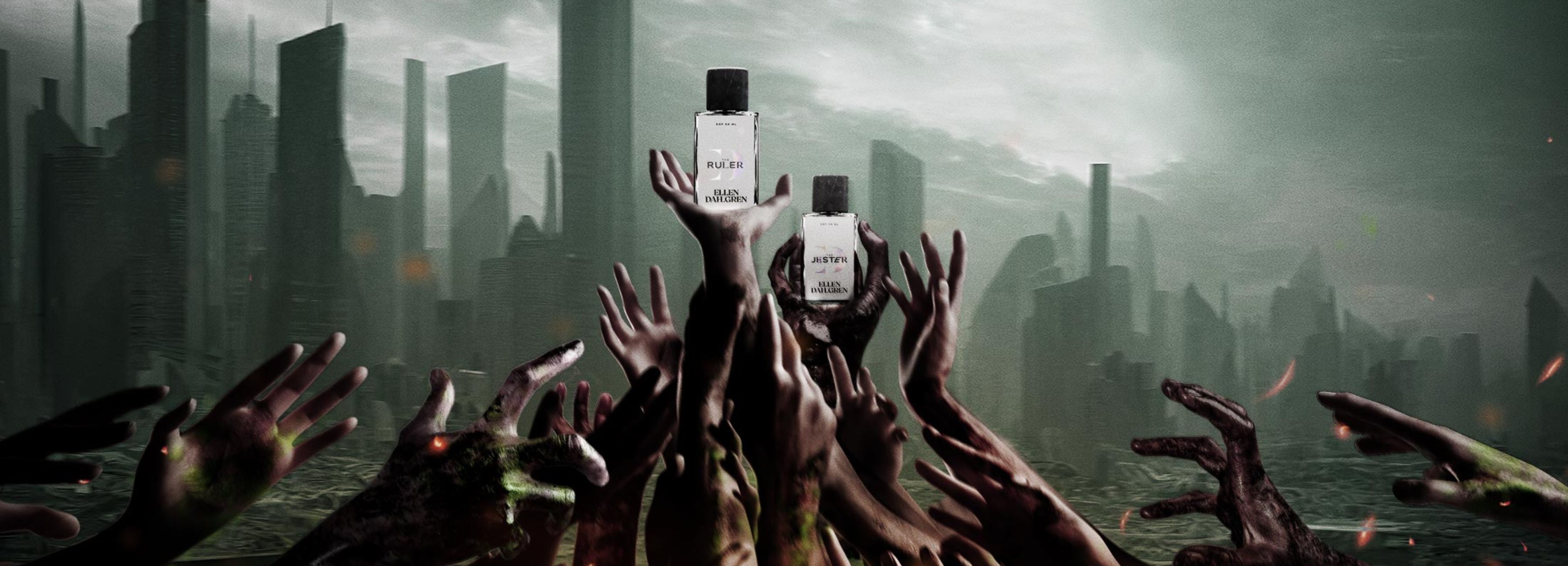 Les mains d'une foule portent des flacons de parfum ELLEN DAHLGREN