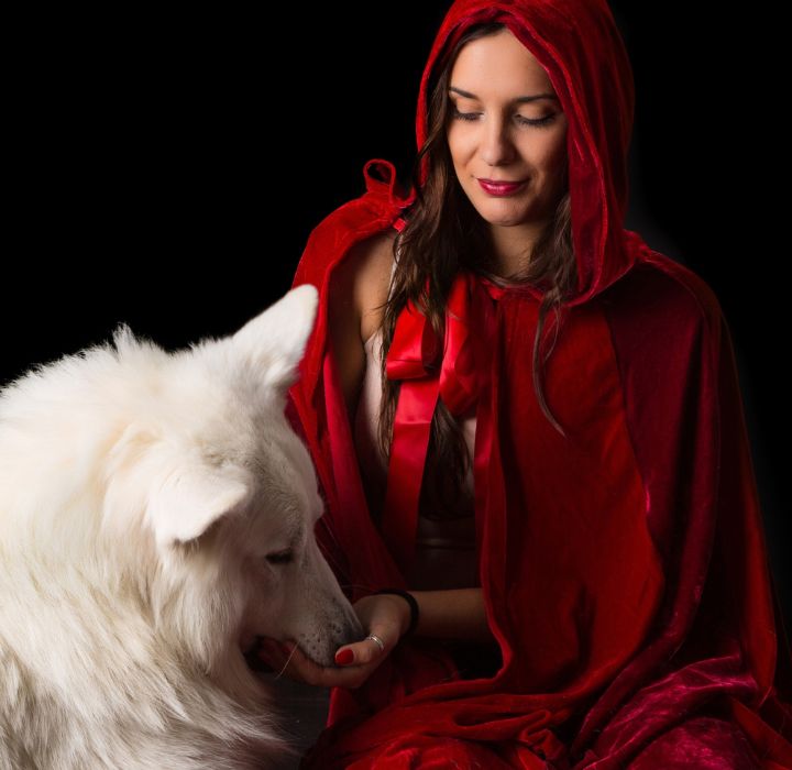 Cette image montre une femme assise, portant une cape rouge avec une capuche. Elle a les cheveux longs et bruns, et son visage exprime une douceur. À côté d'elle, un loup blanc, qui représente le symbole de la marque de parfums de niche LECMO, se penche vers elle. La femme est en train de tendre la main vers le loup. Le fond de l'image est noir, ce qui met en valeur la cape rouge de la femme et le pelage blanc du loup.