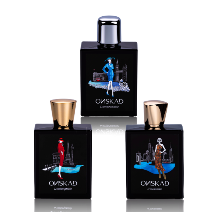 3 flacon de parfum ONSKAD noirs sur fond blanc - collection Fashion Icon