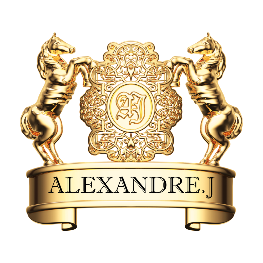 Logo de la marque ALEXANDRE J en forme de blason couleur or