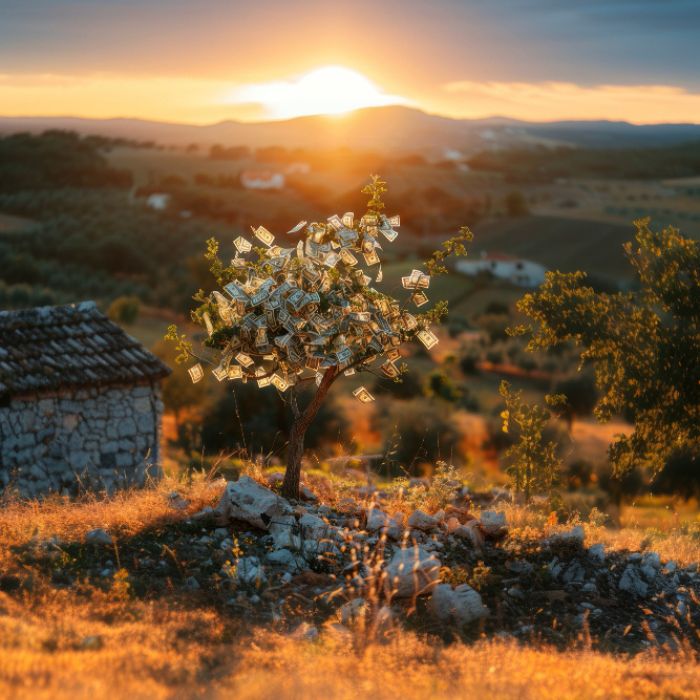 L'image présente un paysage méditerranéén campagnard au coucher du soleil, avec un arbre au centre. L'arrière-plan montre des collines et des champs, baignés dans une lumière dorée, créant une ambiance chaleureuse et paisible. Un bâtiment en pierre est visible à gauche, ajoutant une touche rustique à la scène.